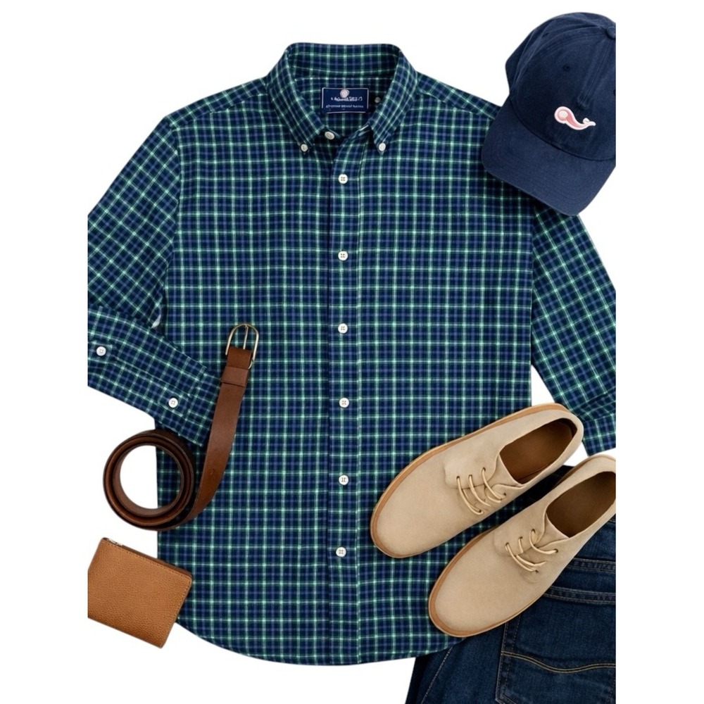 Vineyard Vines Murray Classic Fit Plaid Shirt Blue Green Button Front Men M EUC